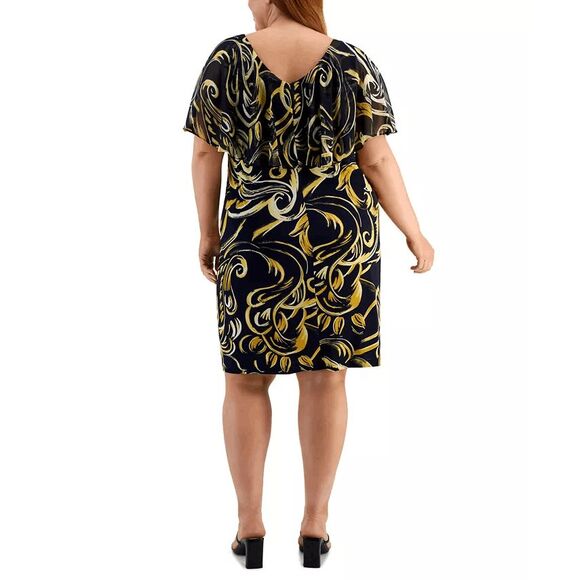 Connected Women's Plus Size Printed Capelet Sheath Dress - Navy/Mustard 20W - Picture 8 of 8